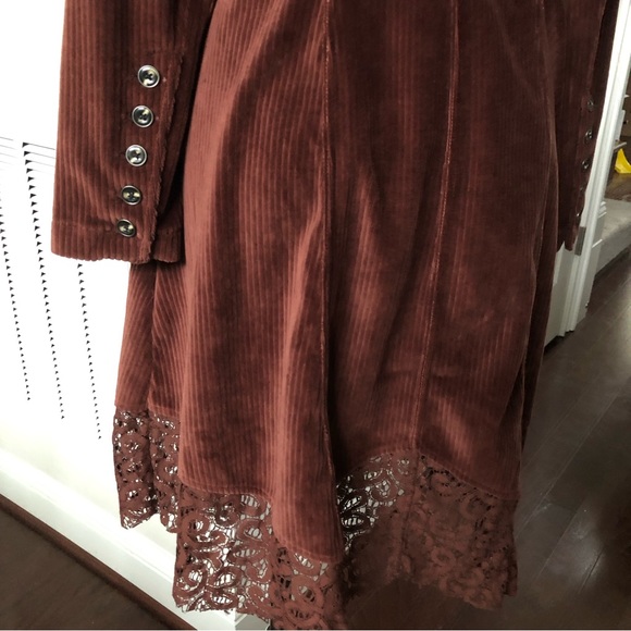 Burgundy Lace Trim Hem Soft Corduroy Dress Coat Sz M - Picture 3 of 8